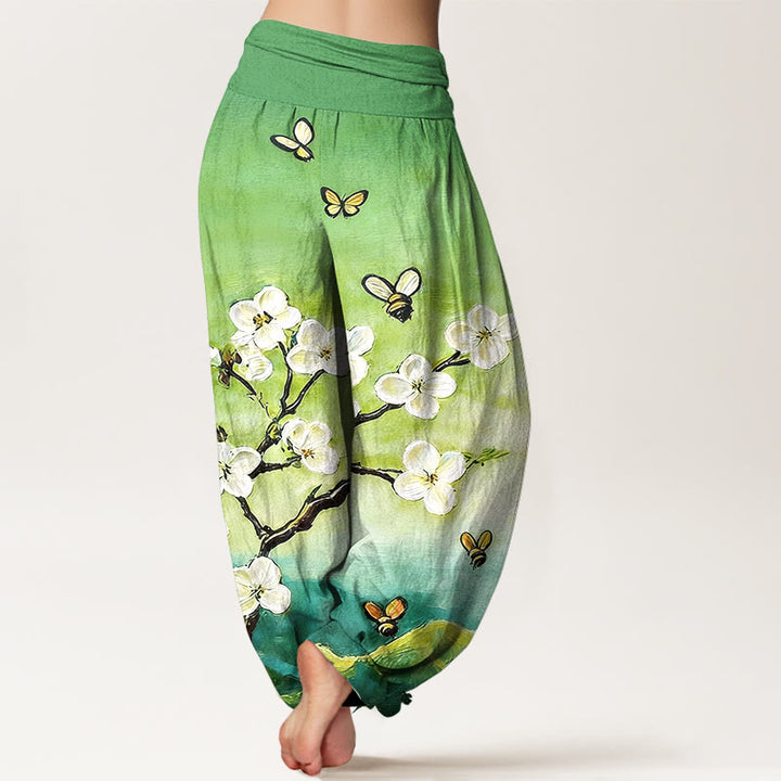 Buddha Stones Pantaloni harem da donna in cotone con elastico in vita, motivo a fiori colorati, farfalle e api - image 9