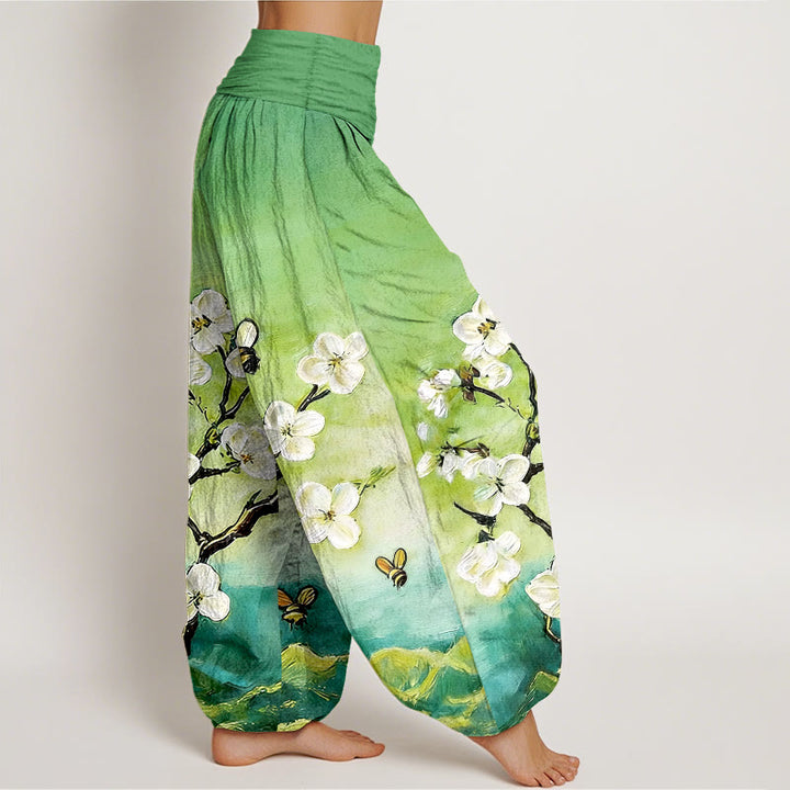 Buddha Stones Pantaloni harem da donna in cotone con elastico in vita, motivo a fiori colorati, farfalle e api - image 10