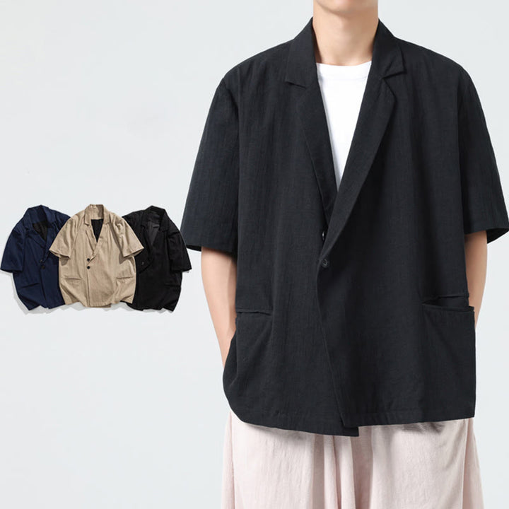 Buddha Stones Camicia da uomo in cotone e lino, a maniche corte, con colletto asimmetrico e tasche, modello primaverile - image 16