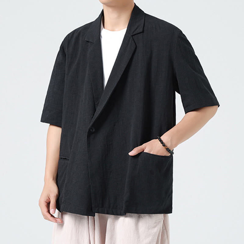 Buddha Stones Camicia da uomo in cotone e lino, a maniche corte, con colletto asimmetrico e tasche, modello primaverile - image 12