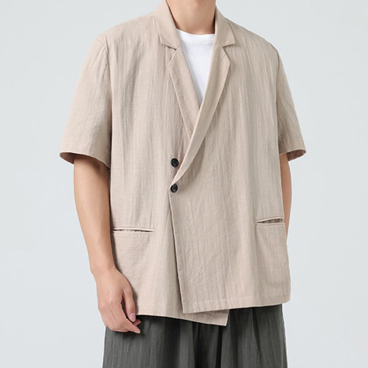 Buddha Stones Camicia da uomo in cotone e lino, a maniche corte, con colletto asimmetrico e tasche, modello primaverile - image 22