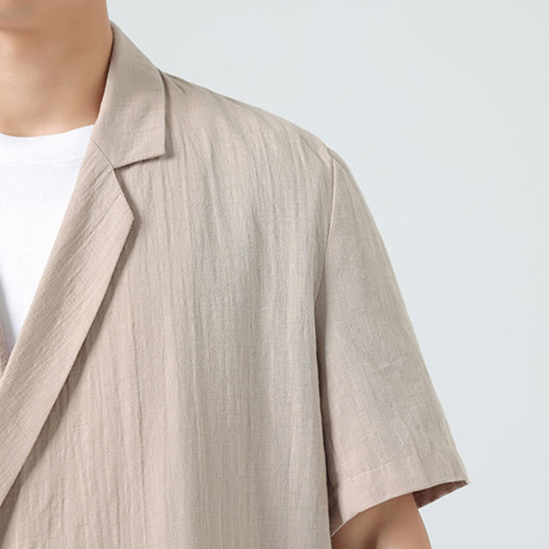 Buddha Stones Camicia da uomo in cotone e lino, a maniche corte, con colletto asimmetrico e tasche, modello primaverile - image 27