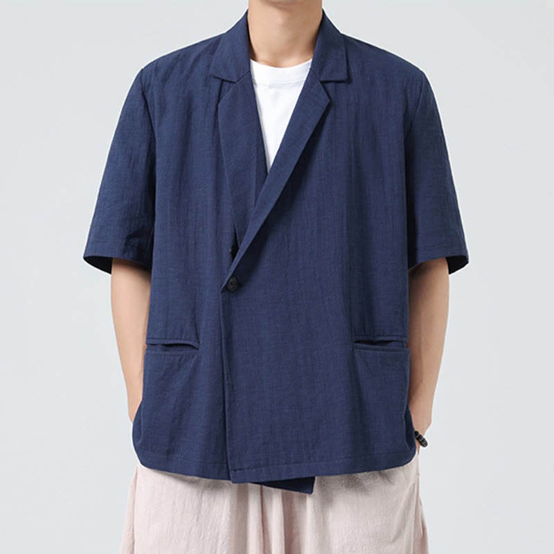 Buddha Stones Camicia da uomo in cotone e lino, a maniche corte, con colletto asimmetrico e tasche, modello primaverile - image 0