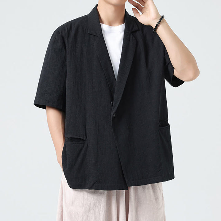 Buddha Stones Camicia da uomo in cotone e lino, a maniche corte, con colletto asimmetrico e tasche, modello primaverile - Nero - US/UK/AU46, EU56 (5XL) - image 8