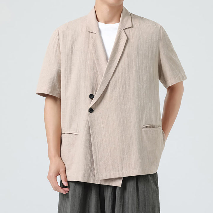 Buddha Stones Camicia da uomo in cotone e lino, a maniche corte, con colletto asimmetrico e tasche, modello primaverile - Grano - US/UK/AU46, EU56 (5XL) - image 18