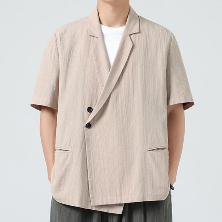 Buddha Stones Camicia da uomo in cotone e lino, a maniche corte, con colletto asimmetrico e tasche, modello primaverile - image 21