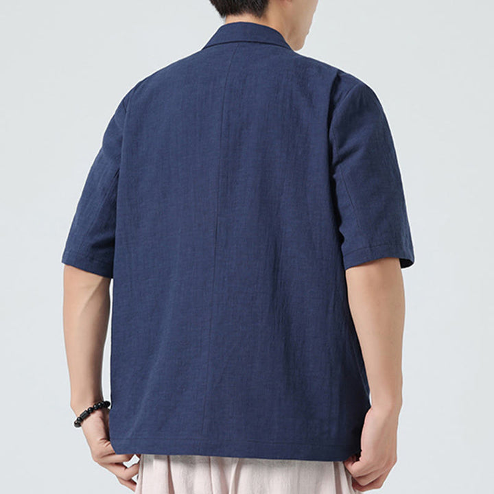 Buddha Stones Camicia da uomo in cotone e lino, a maniche corte, con colletto asimmetrico e tasche, modello primaverile - image 6