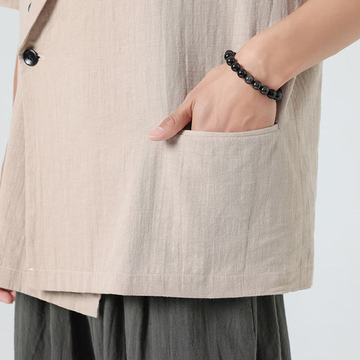 Buddha Stones Camicia da uomo in cotone e lino, a maniche corte, con colletto asimmetrico e tasche, modello primaverile - image 29