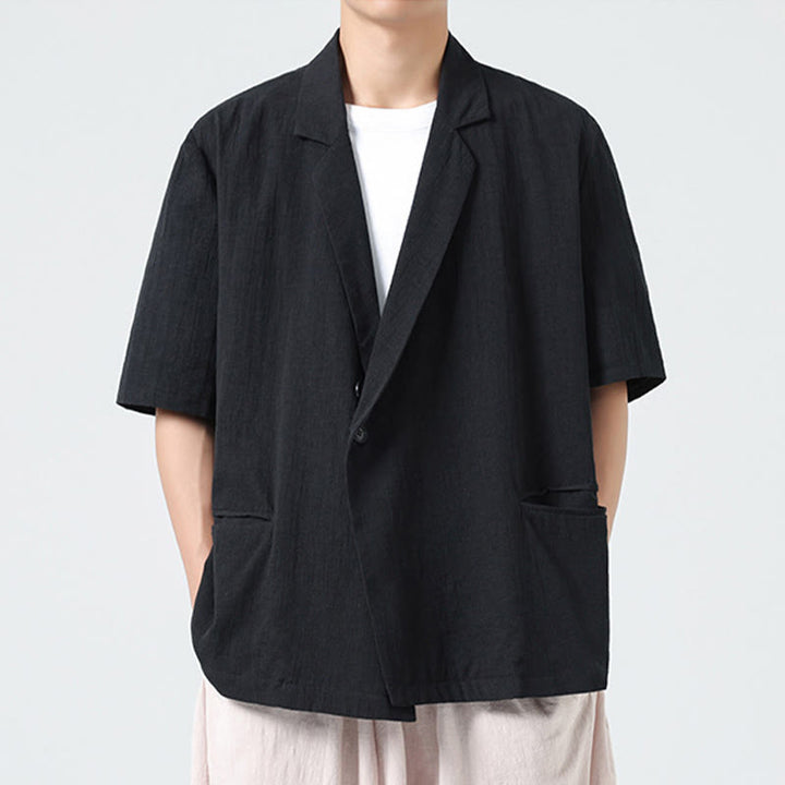 Buddha Stones Camicia da uomo in cotone e lino, a maniche corte, con colletto asimmetrico e tasche, modello primaverile - image 9