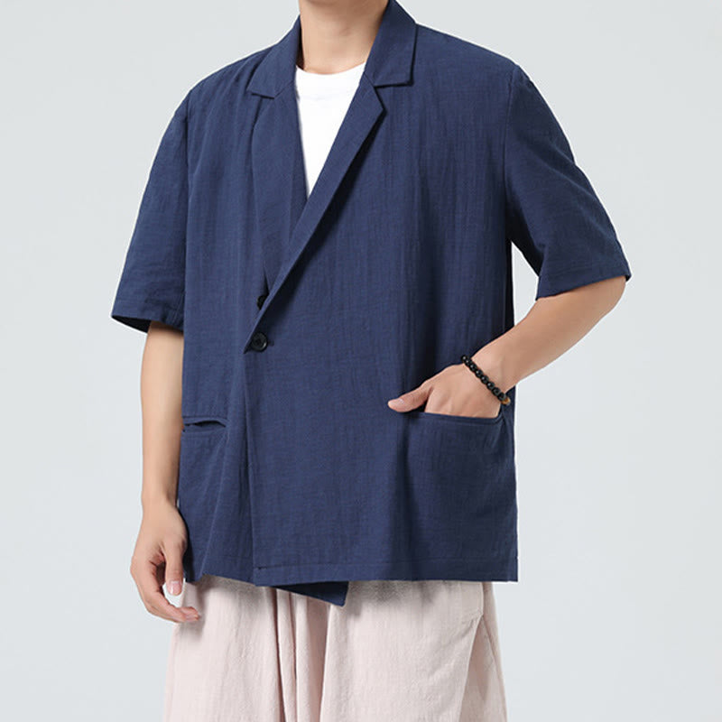 Buddha Stones Camicia da uomo in cotone e lino, a maniche corte, con colletto asimmetrico e tasche, modello primaverile - image 5