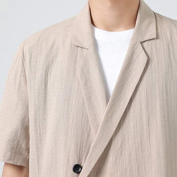 Buddha Stones Camicia da uomo in cotone e lino, a maniche corte, con colletto asimmetrico e tasche, modello primaverile - image 26