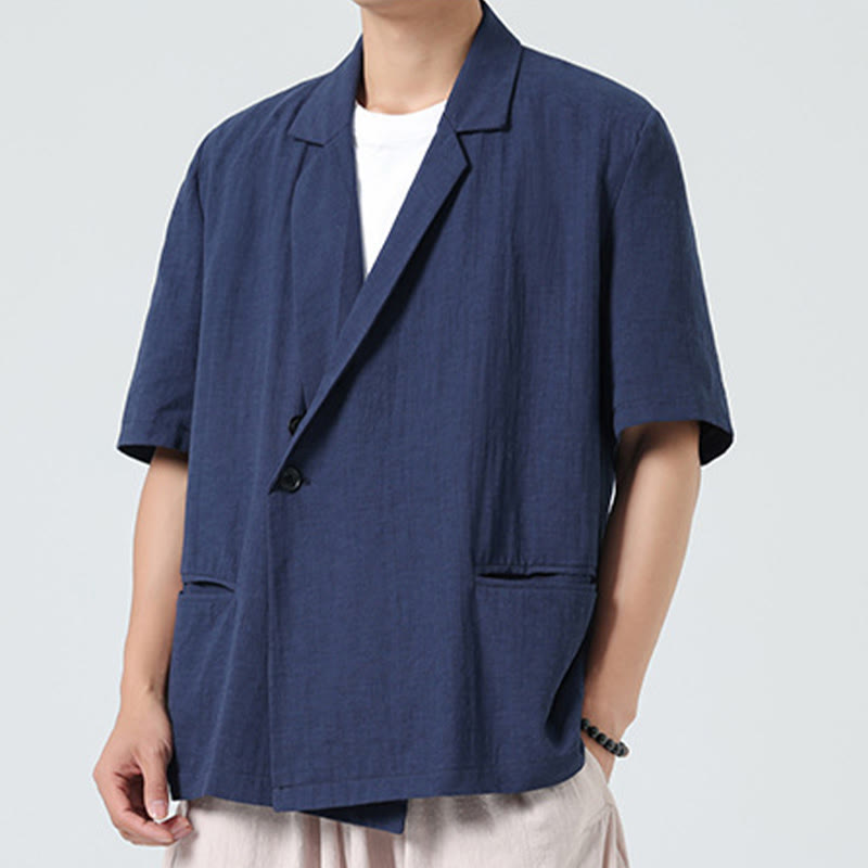 Buddha Stones Camicia da uomo in cotone e lino, a maniche corte, con colletto asimmetrico e tasche, modello primaverile - image 4