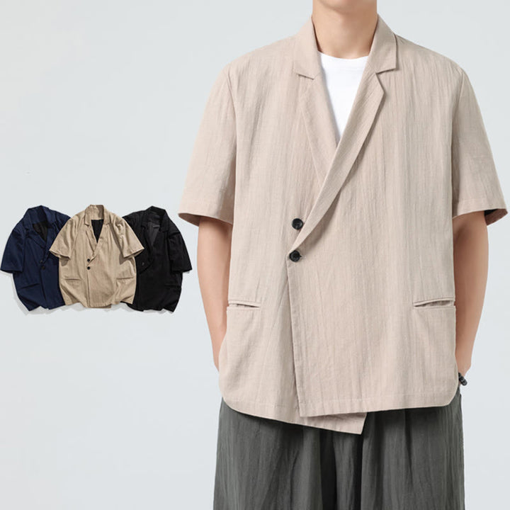 Buddha Stones Camicia da uomo in cotone e lino, a maniche corte, con colletto asimmetrico e tasche, modello primaverile - image 25