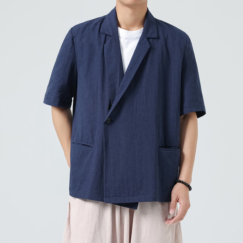 Buddha Stones Camicia da uomo in cotone e lino, a maniche corte, con colletto asimmetrico e tasche, modello primaverile - Blu scuro - US/UK/AU46, EU56 (5XL) - image 1