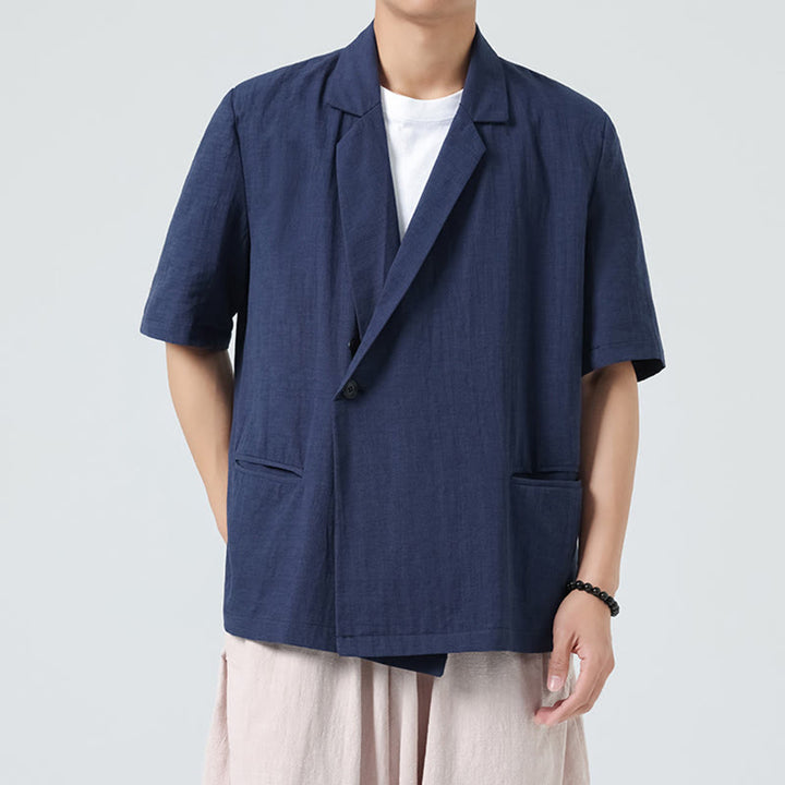 Buddha Stones Camicia da uomo in cotone e lino, a maniche corte, con colletto asimmetrico e tasche, modello primaverile - Blu scuro - US/UK/AU46, EU56 (5XL) - image 1