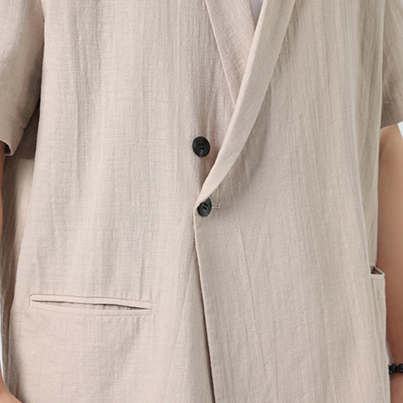 Buddha Stones Camicia da uomo in cotone e lino, a maniche corte, con colletto asimmetrico e tasche, modello primaverile - image 28