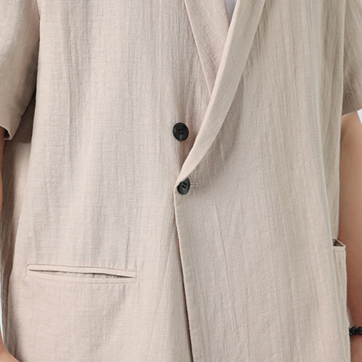 Buddha Stones Camicia da uomo in cotone e lino, a maniche corte, con colletto asimmetrico e tasche, modello primaverile - image 28