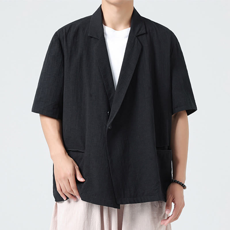 Buddha Stones Camicia da uomo in cotone e lino, a maniche corte, con colletto asimmetrico e tasche, modello primaverile - image 13