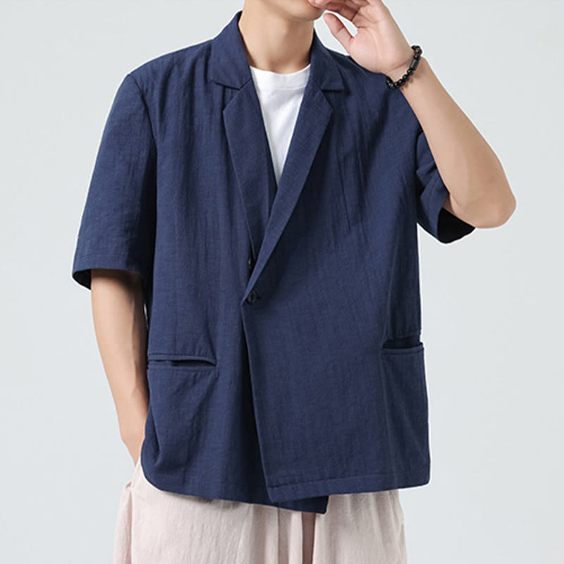 Buddha Stones Camicia da uomo in cotone e lino, a maniche corte, con colletto asimmetrico e tasche, modello primaverile - image 3