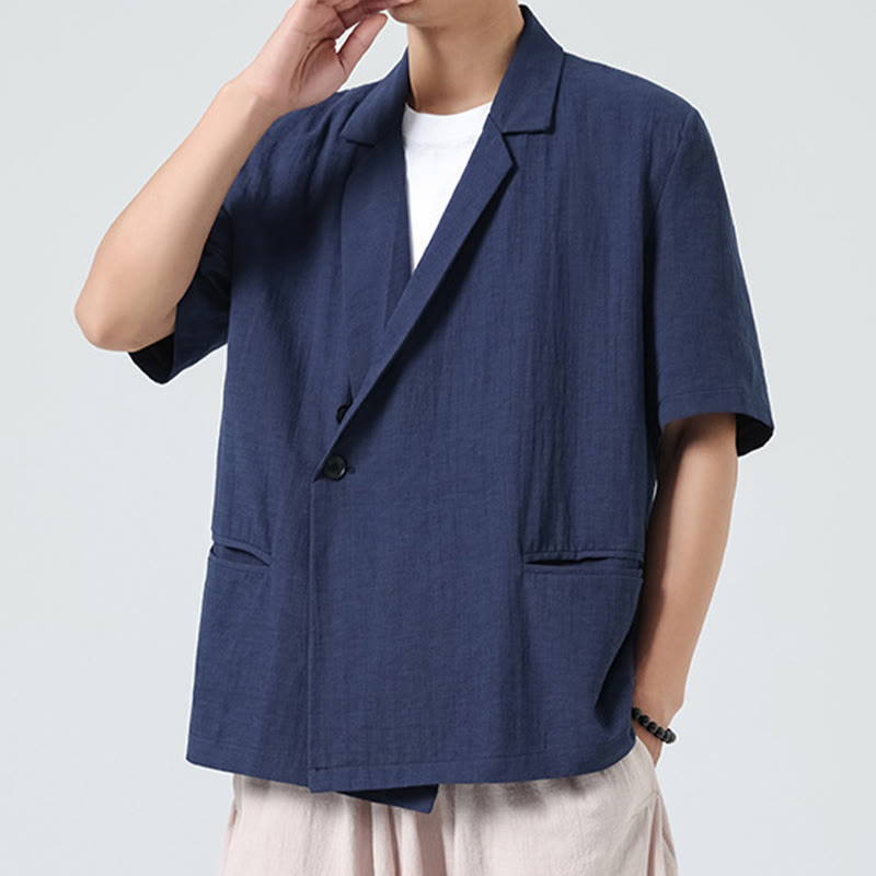 Buddha Stones Camicia da uomo in cotone e lino, a maniche corte, con colletto asimmetrico e tasche, modello primaverile - image 2