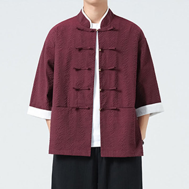 Buddha Stones Camicia da uomo con bottoni e tasche, tinta unita, manica a tre quarti, modello Tang Suit - image 17