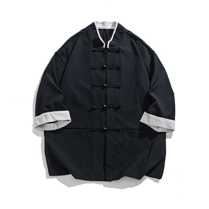 Buddha Stones Camicia da uomo con bottoni e tasche, tinta unita, manica a tre quarti, modello Tang Suit - Blu notte - US/UK/AU46, EU56 (5XL) - image 1