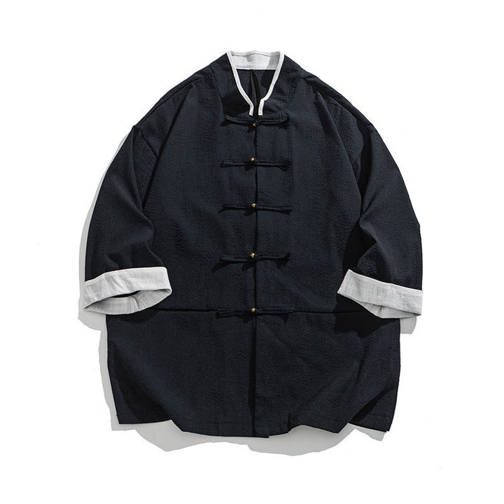 Buddha Stones Camicia da uomo con bottoni e tasche, tinta unita, manica a tre quarti, modello Tang Suit - Blu notte - US/UK/AU46, EU56 (5XL) - image 1