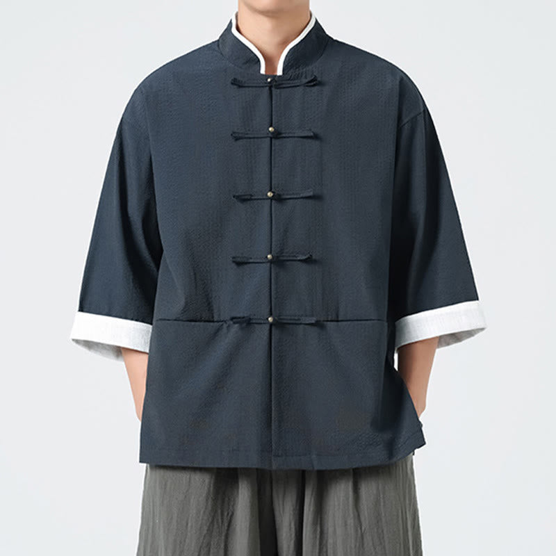 Buddha Stones Camicia da uomo con bottoni e tasche, tinta unita, manica a tre quarti, modello Tang Suit - image 4