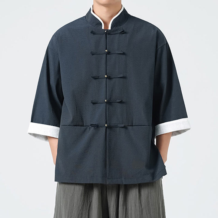 Buddha Stones Camicia da uomo con bottoni e tasche, tinta unita, manica a tre quarti, modello Tang Suit - image 4