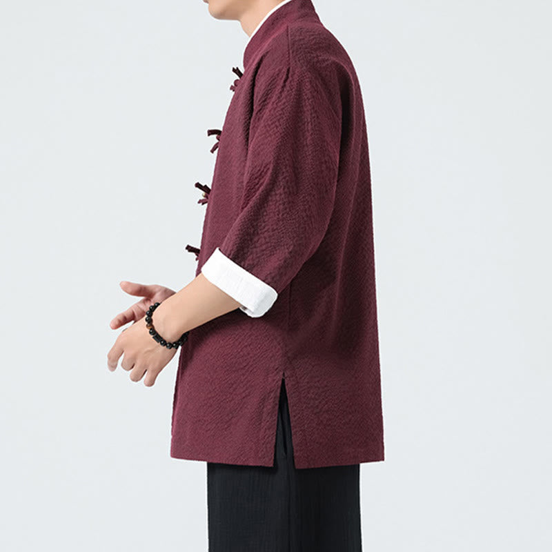 Buddha Stones Camicia da uomo con bottoni e tasche, tinta unita, manica a tre quarti, modello Tang Suit - image 14