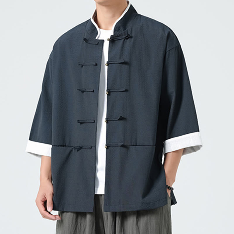 Buddha Stones Camicia da uomo con bottoni e tasche, tinta unita, manica a tre quarti, modello Tang Suit - image 5