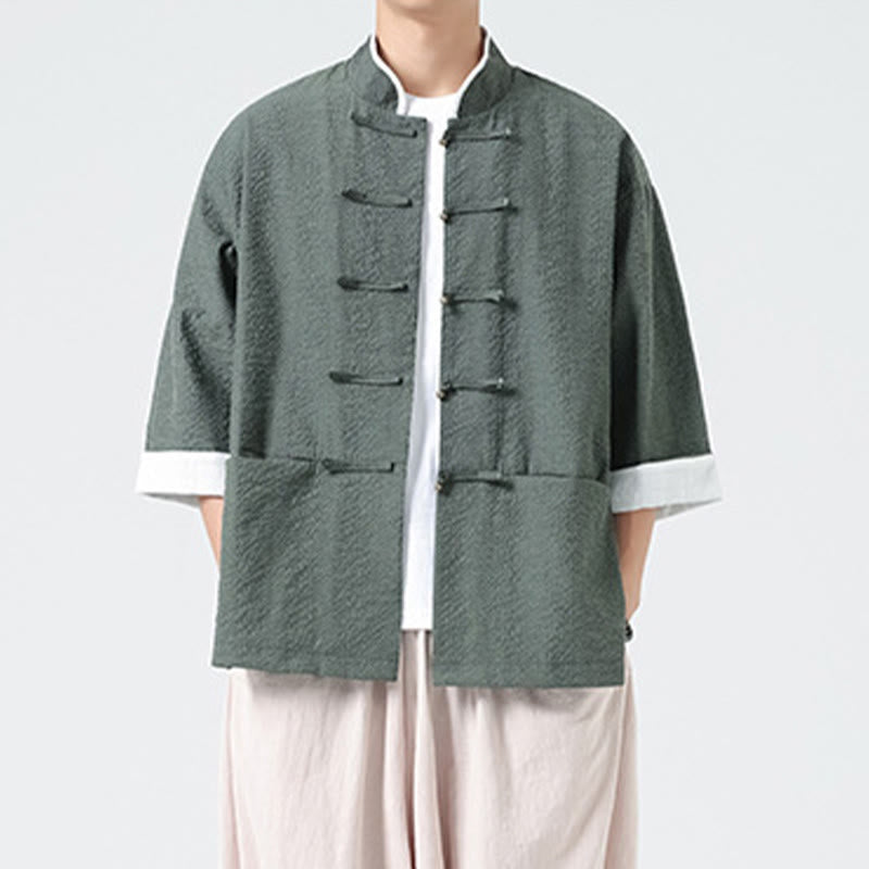 Buddha Stones Camicia da uomo con bottoni e tasche, tinta unita, manica a tre quarti, modello Tang Suit - image 27