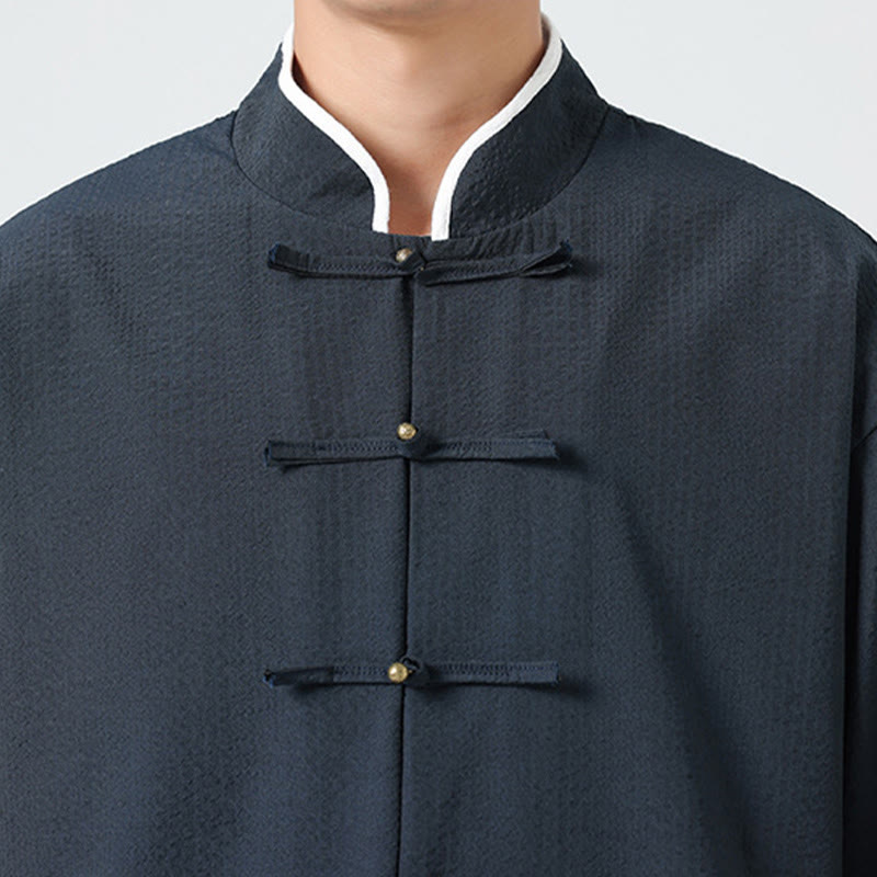 Buddha Stones Camicia da uomo con bottoni e tasche, tinta unita, manica a tre quarti, modello Tang Suit - image 9