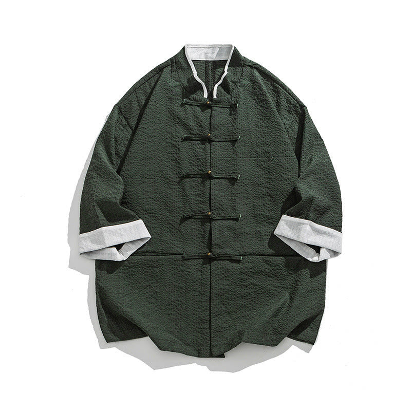 Buddha Stones Camicia da uomo con bottoni e tasche, tinta unita, manica a tre quarti, modello Tang Suit - CadetBlue - US/UK/AU46, EU56 (5XL) - image 22