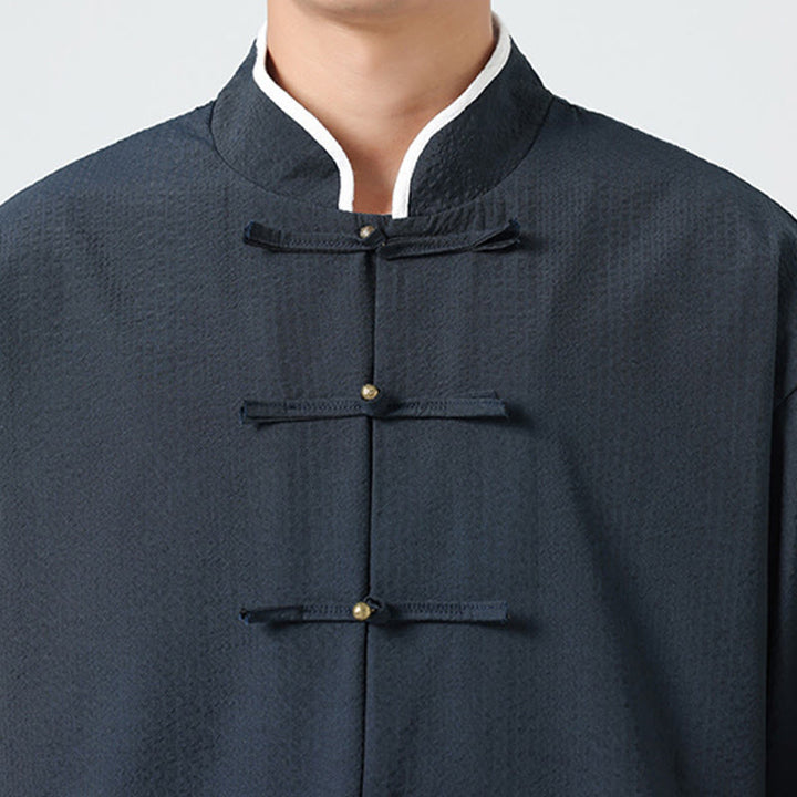 Buddha Stones Camicia da uomo con bottoni e tasche, tinta unita, manica a tre quarti, modello Tang Suit - image 9