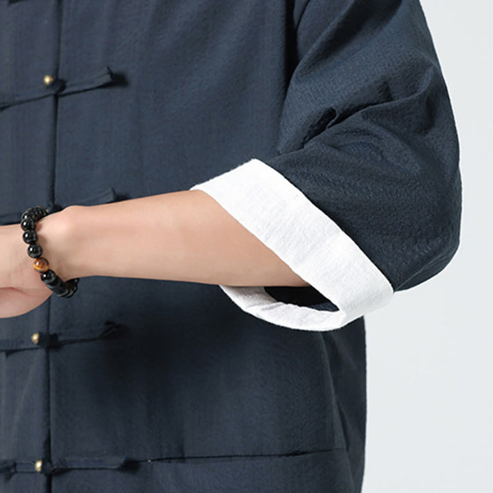 Buddha Stones Camicia da uomo con bottoni e tasche, tinta unita, manica a tre quarti, modello Tang Suit - image 12