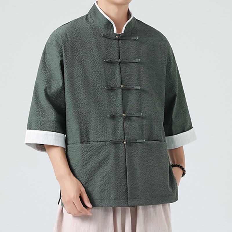 Buddha Stones Camicia da uomo con bottoni e tasche, tinta unita, manica a tre quarti, modello Tang Suit - image 24