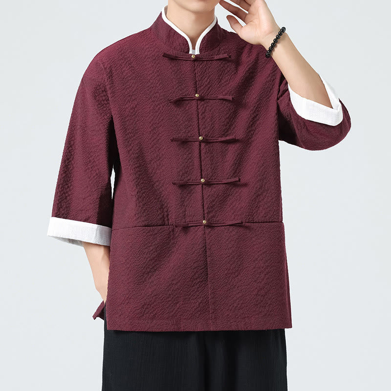 Buddha Stones Camicia da uomo con bottoni e tasche, tinta unita, manica a tre quarti, modello Tang Suit - image 16
