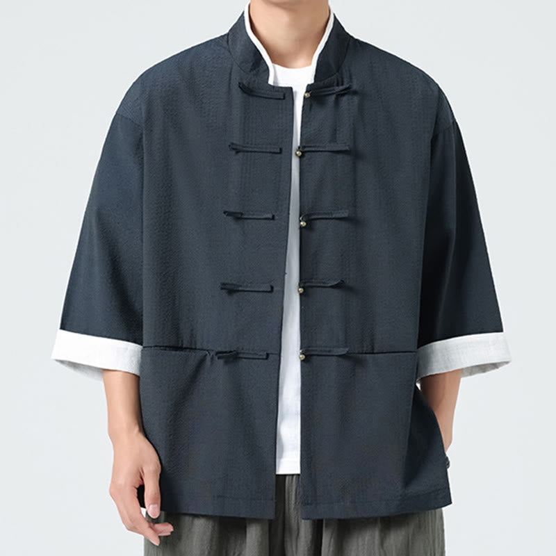 Buddha Stones Camicia da uomo con bottoni e tasche, tinta unita, manica a tre quarti, modello Tang Suit - image 7