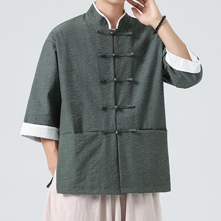 Buddha Stones Camicia da uomo con bottoni e tasche, tinta unita, manica a tre quarti, modello Tang Suit - image 25