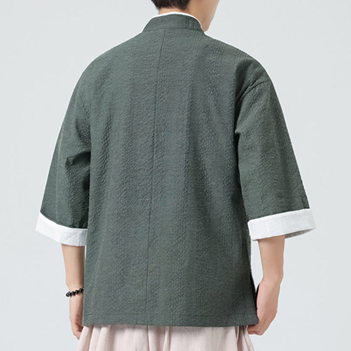 Buddha Stones Camicia da uomo con bottoni e tasche, tinta unita, manica a tre quarti, modello Tang Suit - image 26
