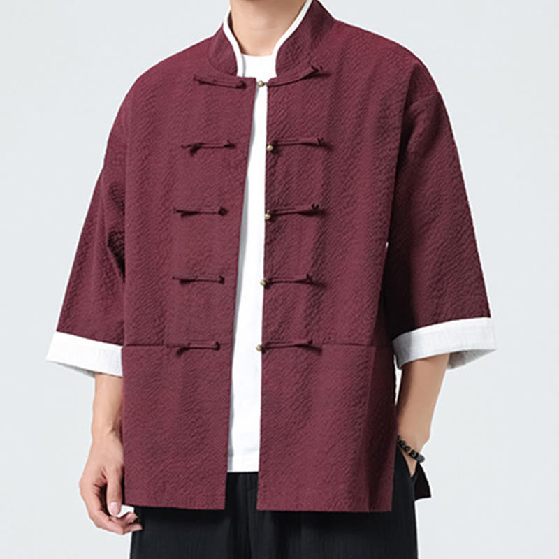 Buddha Stones Camicia da uomo con bottoni e tasche, tinta unita, manica a tre quarti, modello Tang Suit - image 18