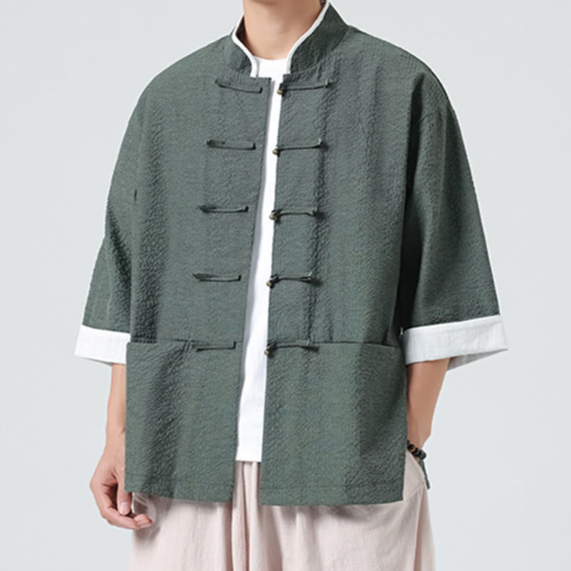 Buddha Stones Camicia da uomo con bottoni e tasche, tinta unita, manica a tre quarti, modello Tang Suit - image 28