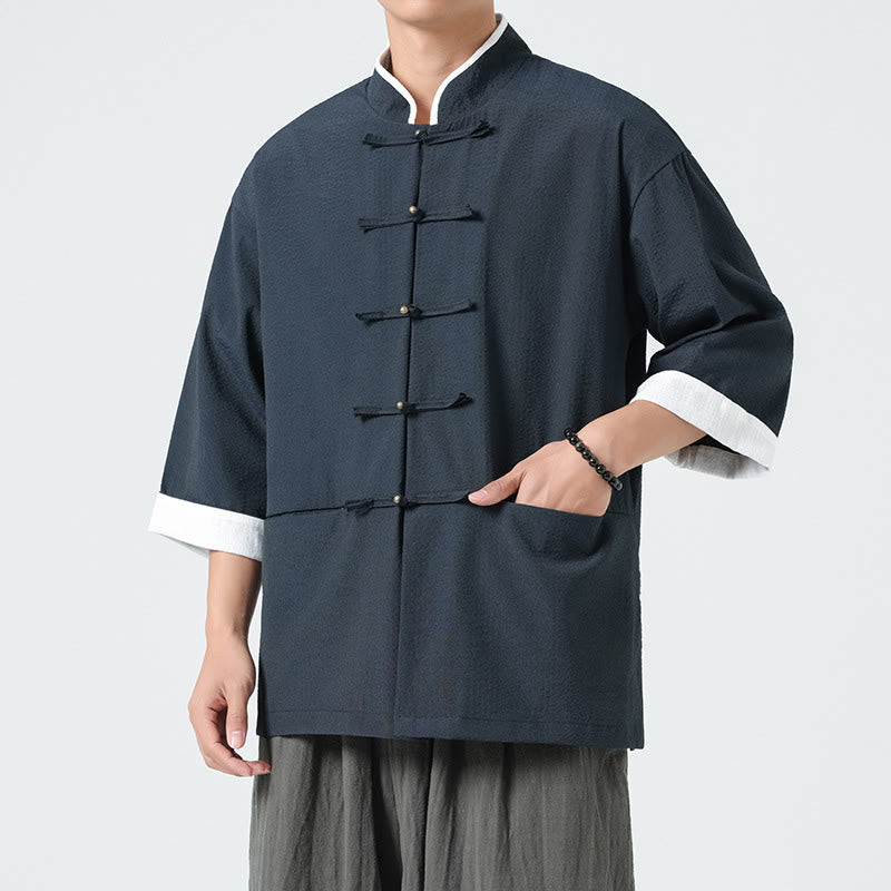 Buddha Stones Camicia da uomo con bottoni e tasche, tinta unita, manica a tre quarti, modello Tang Suit - image 2