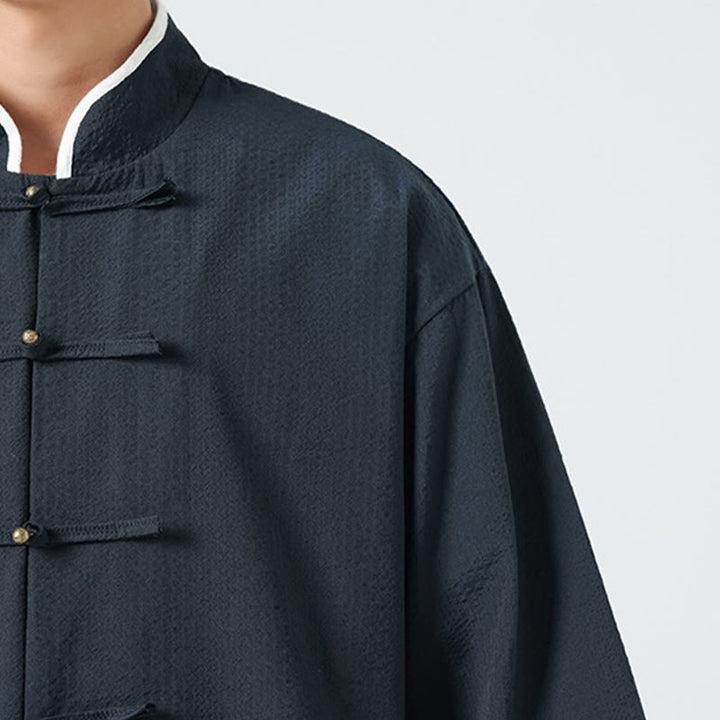 Buddha Stones Camicia da uomo con bottoni e tasche, tinta unita, manica a tre quarti, modello Tang Suit - image 11