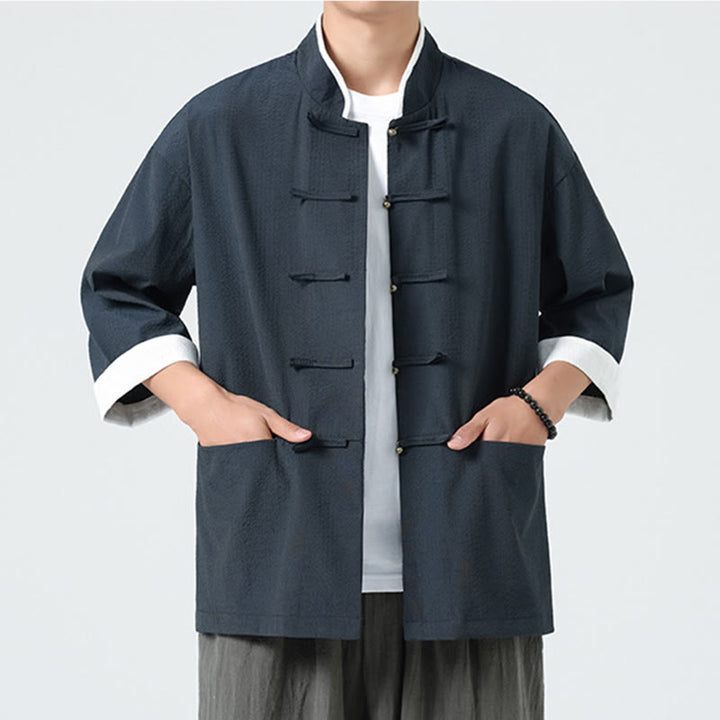 Buddha Stones Camicia da uomo con bottoni e tasche, tinta unita, manica a tre quarti, modello Tang Suit - image 8