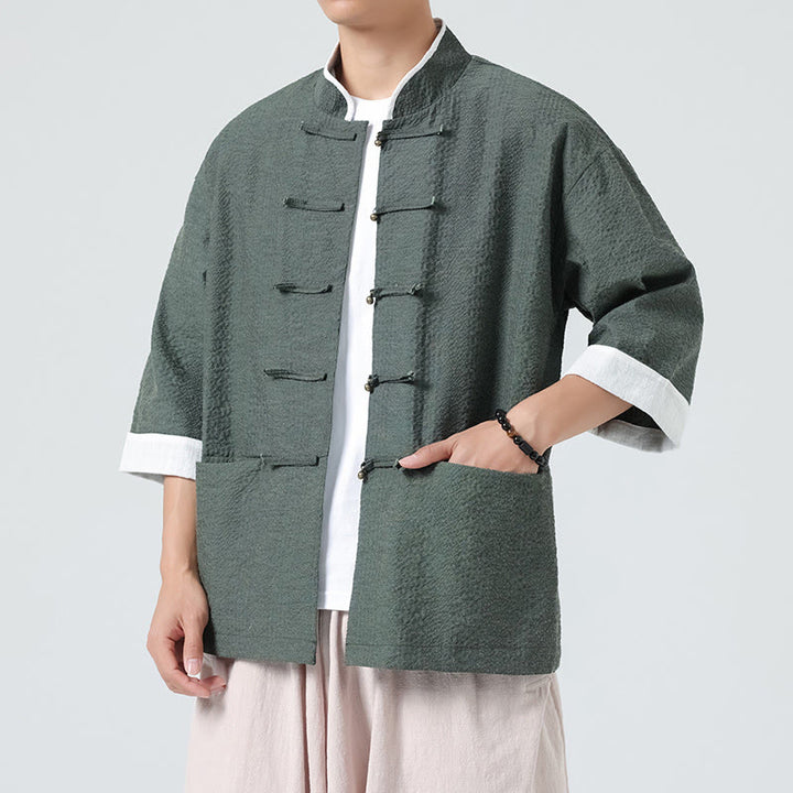 Buddha Stones Camicia da uomo con bottoni e tasche, tinta unita, manica a tre quarti, modello Tang Suit - image 29