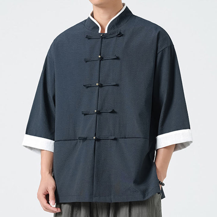 Buddha Stones Camicia da uomo con bottoni e tasche, tinta unita, manica a tre quarti, modello Tang Suit - image 3