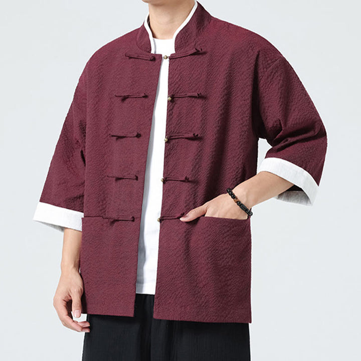 Buddha Stones Camicia da uomo con bottoni e tasche, tinta unita, manica a tre quarti, modello Tang Suit - image 19