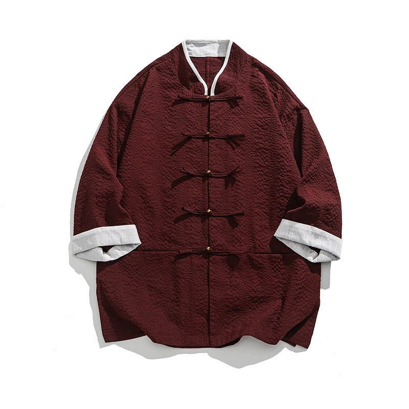 Buddha Stones Camicia da uomo con bottoni e tasche, tinta unita, manica a tre quarti, modello Tang Suit - Rosso scuro - US/UK/AU46, EU56 (5XL) - image 13